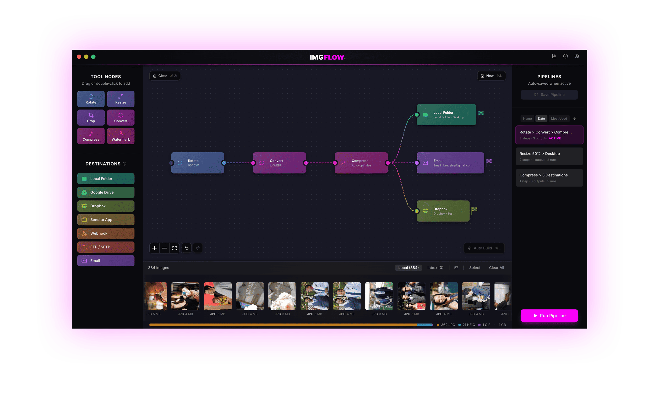 IMG Flow desktop app — visual pipeline canvas with annotated features
